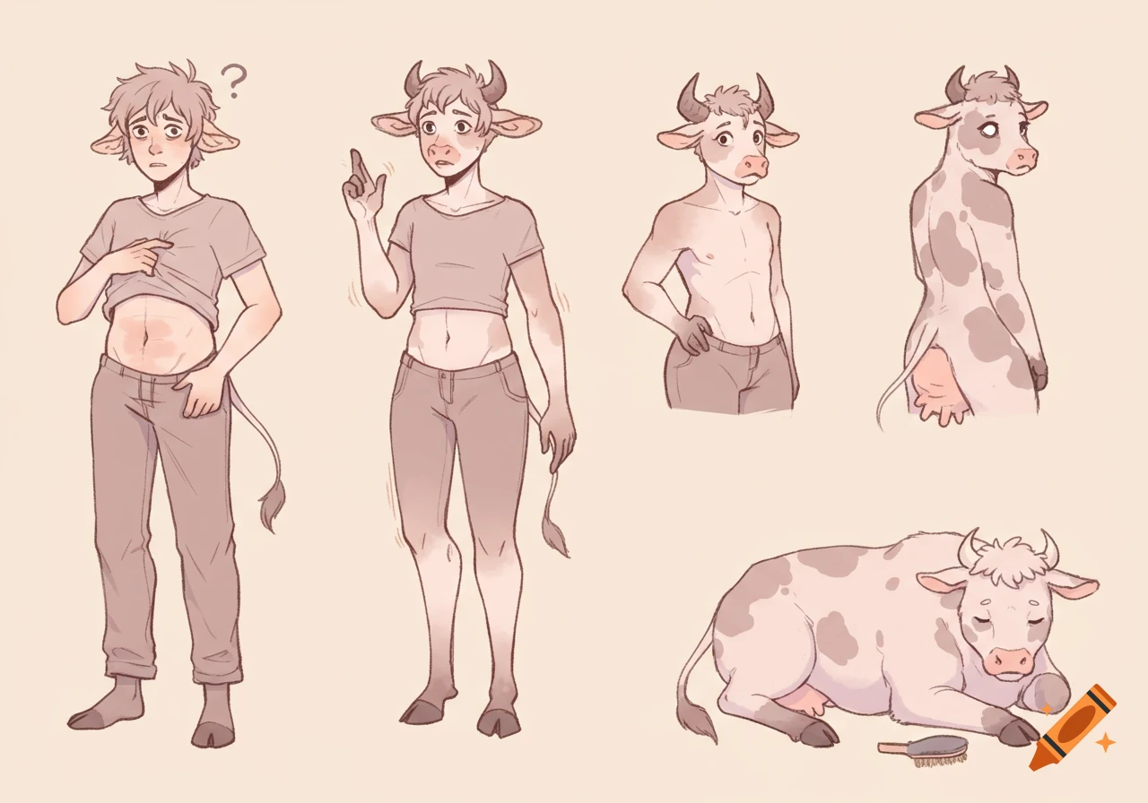 Sketchy comic panels show a person transforming step-by-step into a cow, ending in a relaxed pose.
