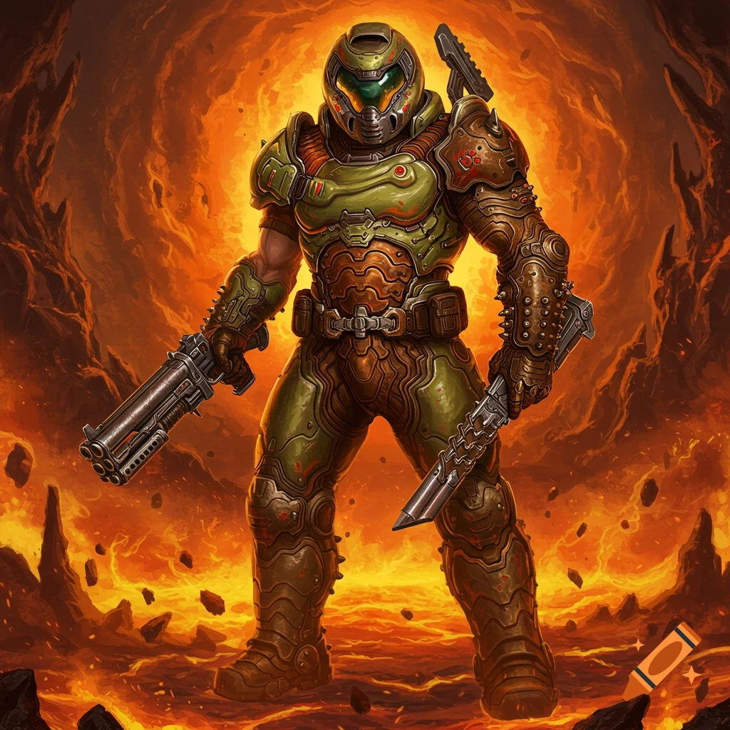 The Doom slayer in green armor holding weapons in a fiery, rocky hellscape.