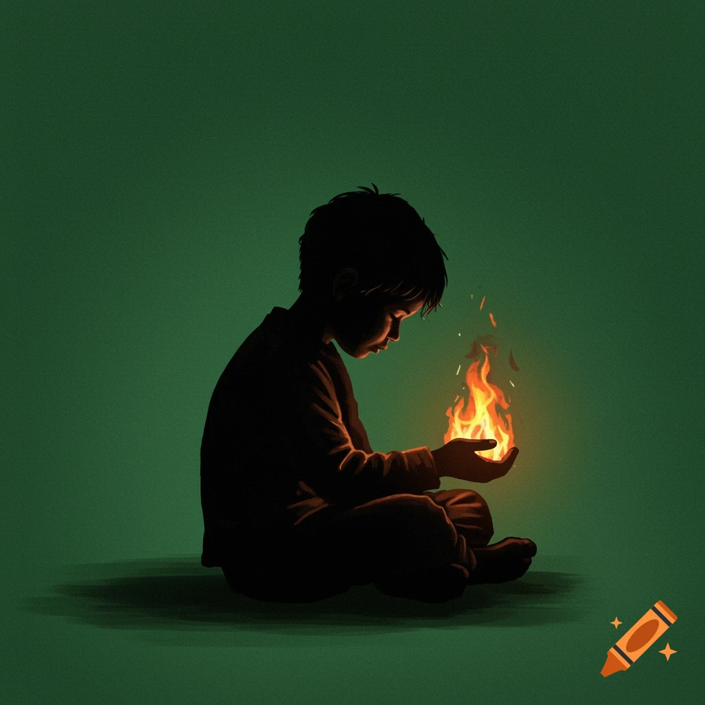 A silhouette of a child holding fire, sitting in a dark, green space. Digital art.