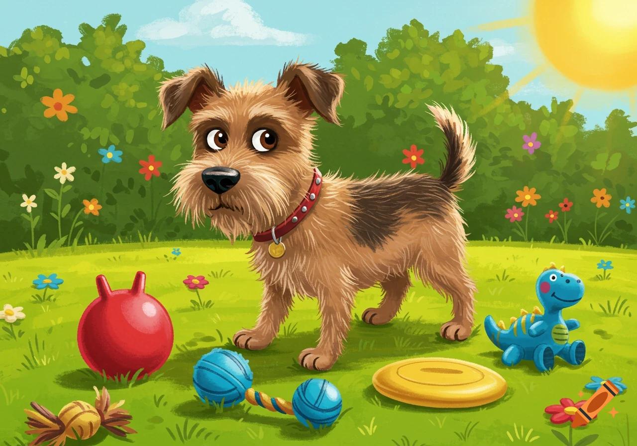 Cartoon scruffy dog stands among colorful toys in a sunny yard.