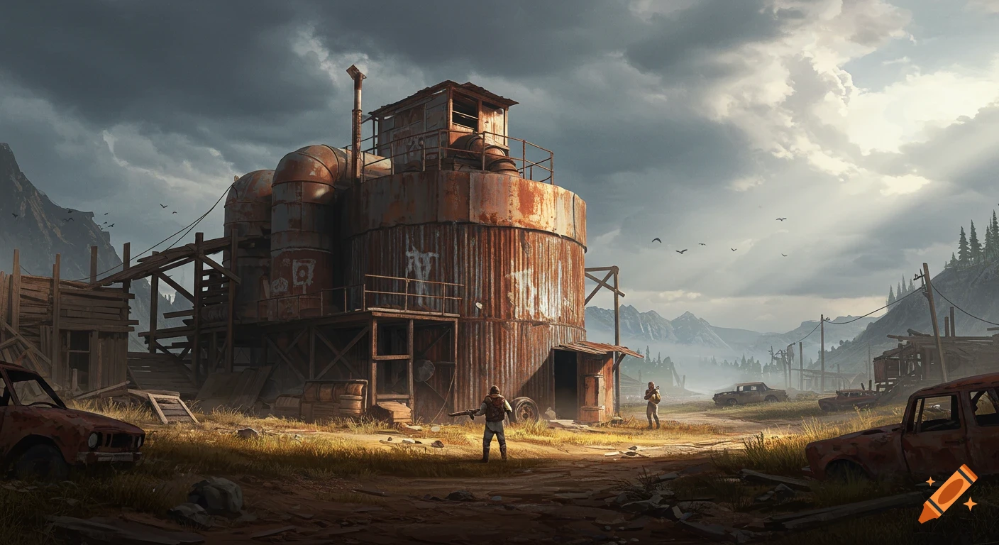 A post-apocalyptic scene with armed figures near a rusty industrial building and wrecked cars under stormy skies.
