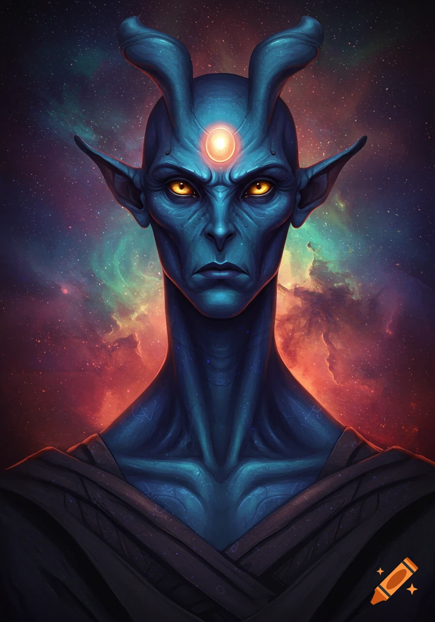 A blue alien with horns, pointed ears, and yellow eyes stands against a cosmic background.