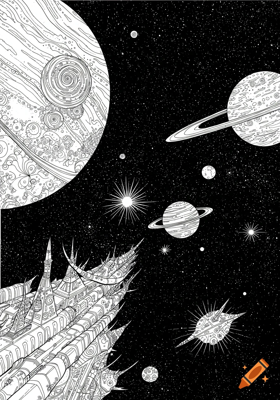Black and white line art of a detailed space scene with planets, stars, and spacecraft, in a coloring book style.