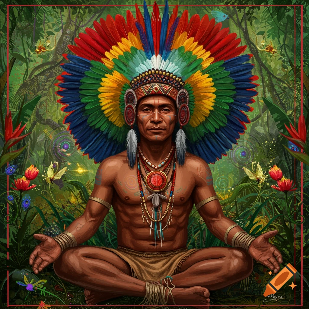 A man in a feathered headdress meditating in a lush jungle