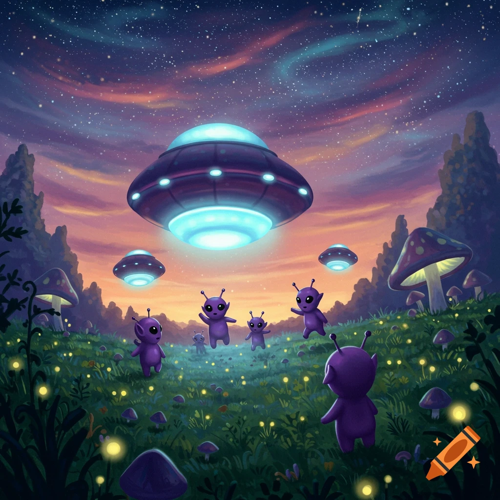 Purple aliens in a field with glowing mushrooms and plants, looking up at UFOs in a starry sky.