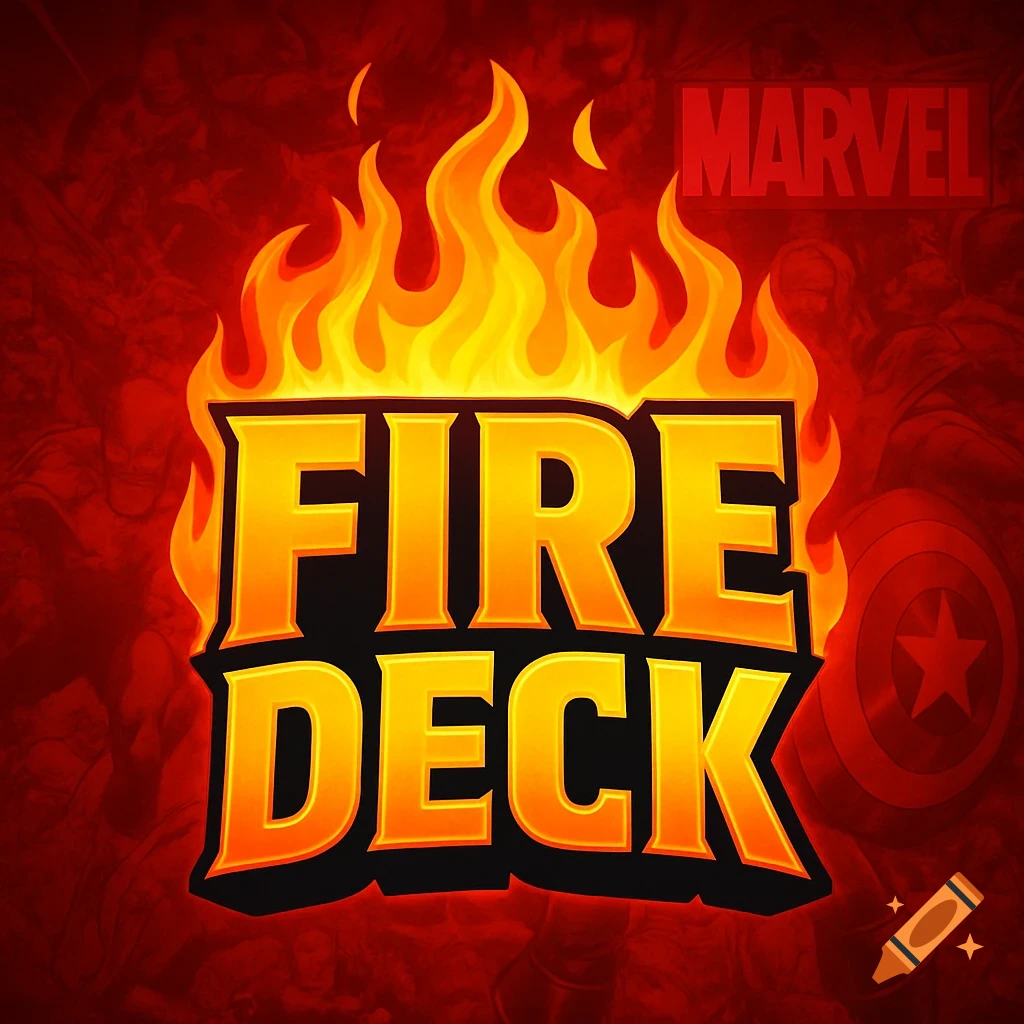 A logo with the words 'FIRE DECK' engulfed in flames, with a faded Marvel comic background.