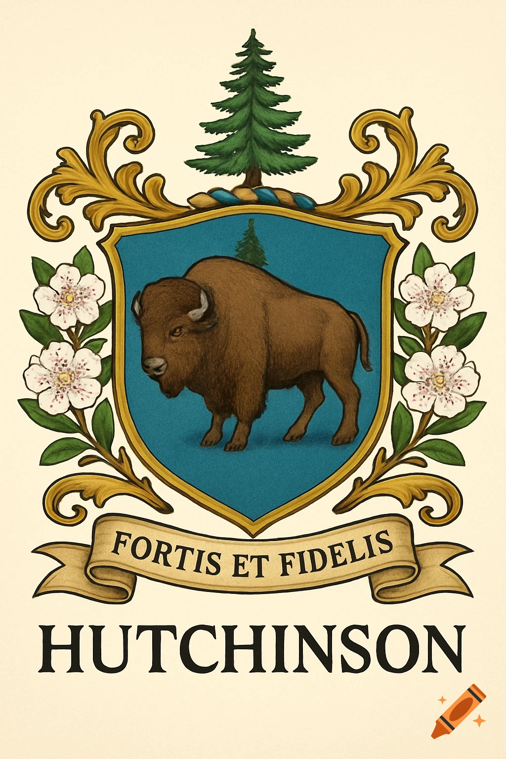 Hutchinson Family Crest With Bison West Virginia Flower Douglas Fir hutchinson-family-crest-with-bison-west-virginia-flower-douglas-fir