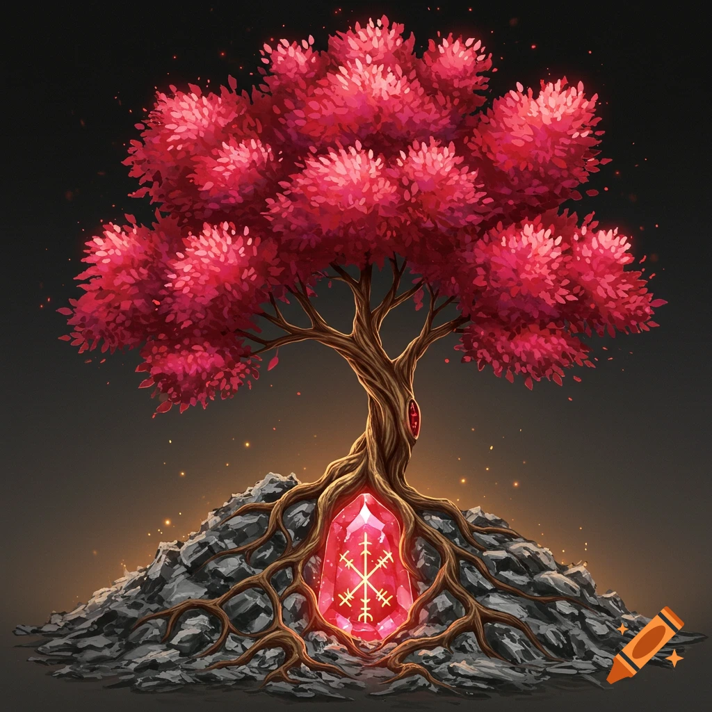 A glowing ruby is held by the roots of a tree with bright pink leaves, set on a pile of rocks.