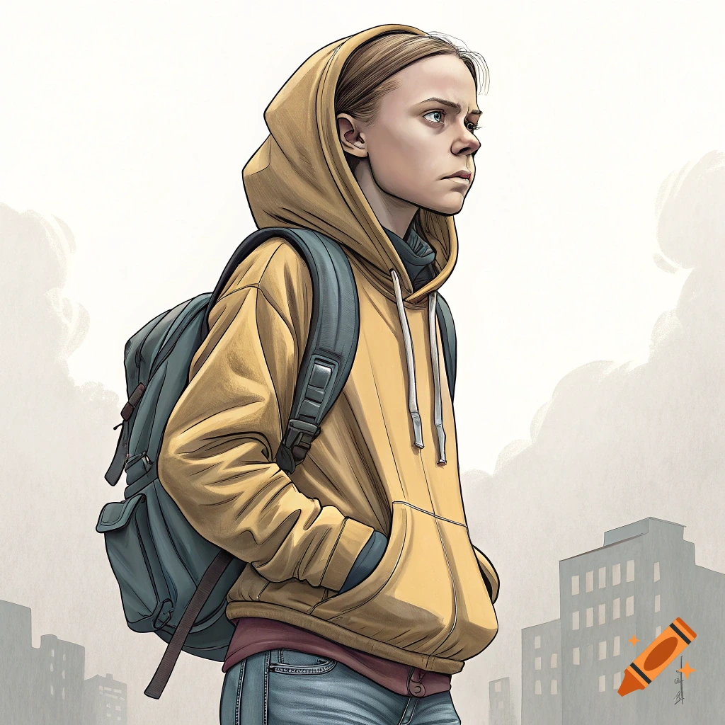 Illustration of a young person wearing a yellow hoodie and backpack against an urban background.