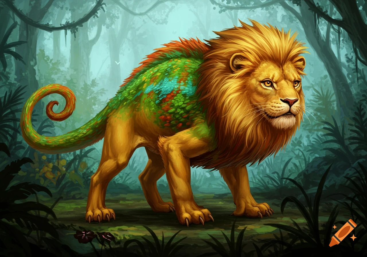A chameleon and lion hybrid creature in a jungle.