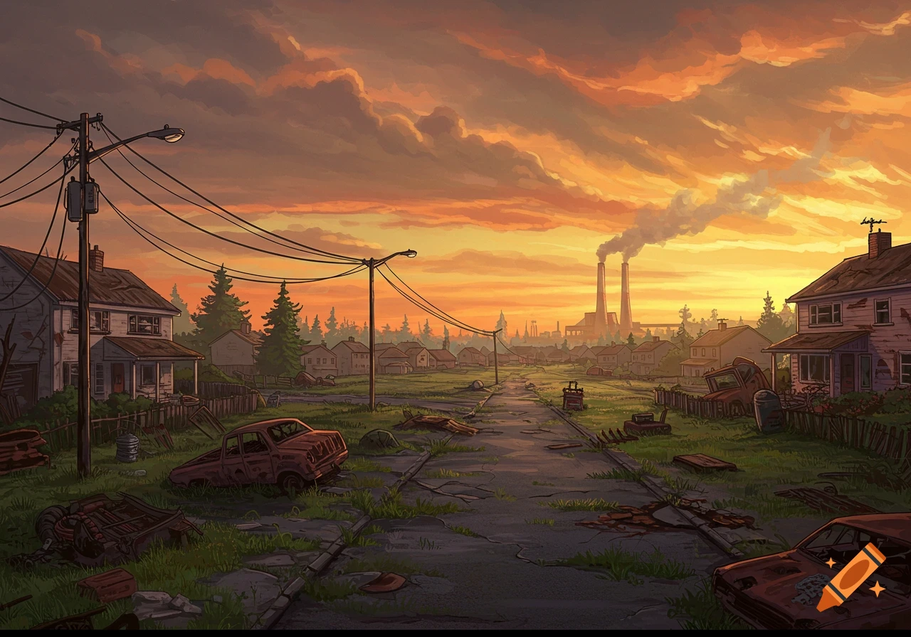 A ruined suburban street with abandoned cars and houses, factory chimneys, under an orange sky.