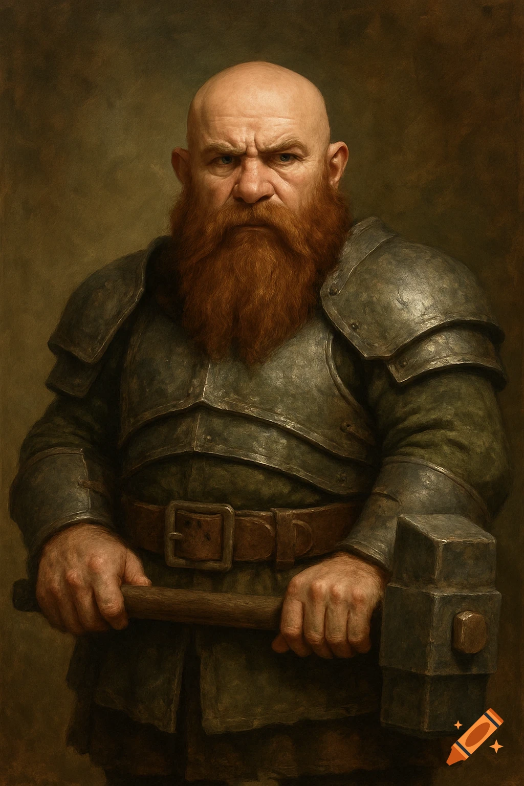 Painting of a fantasy dwarf in armor holding a hammer.