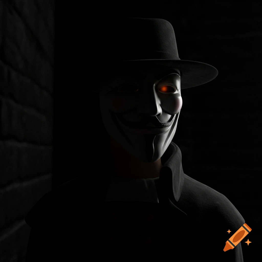 A masked figure wearing a hat in the dark, one eye glowing orange.