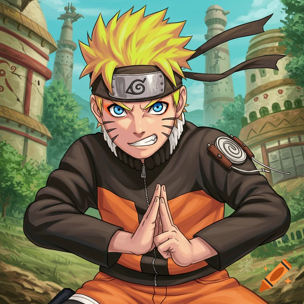 Naruto Uzumaki doing hand signs in his village.