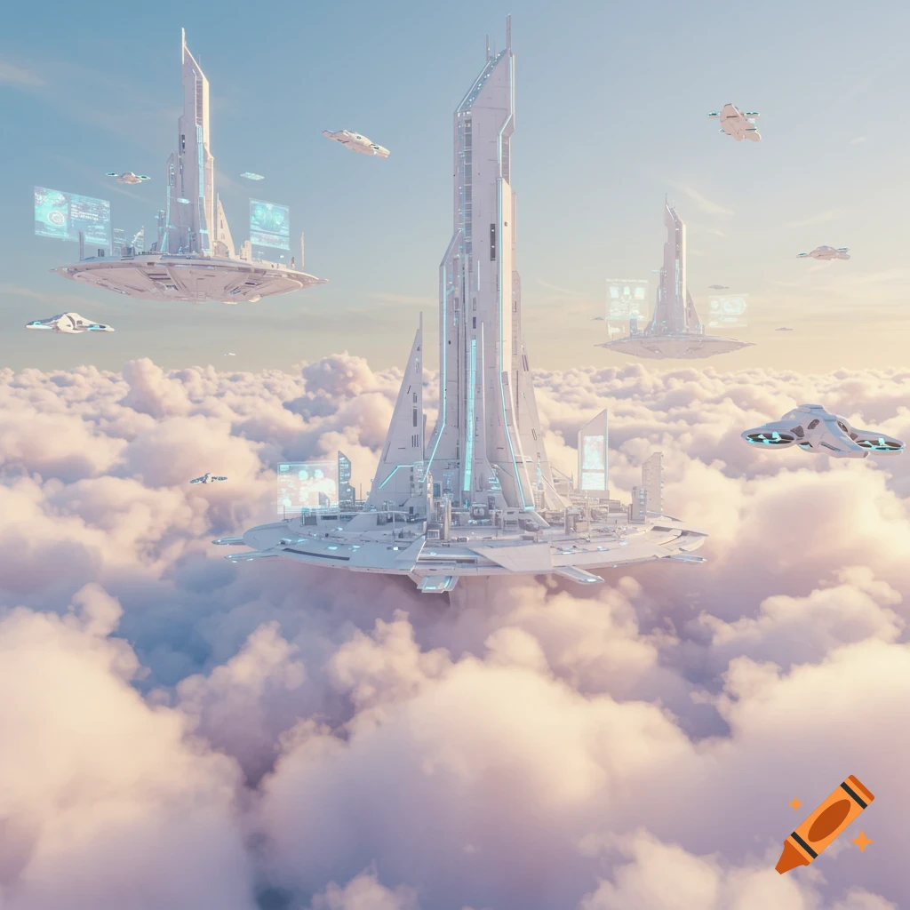 Futuristic floating cities and vehicles in the clouds at sunset.