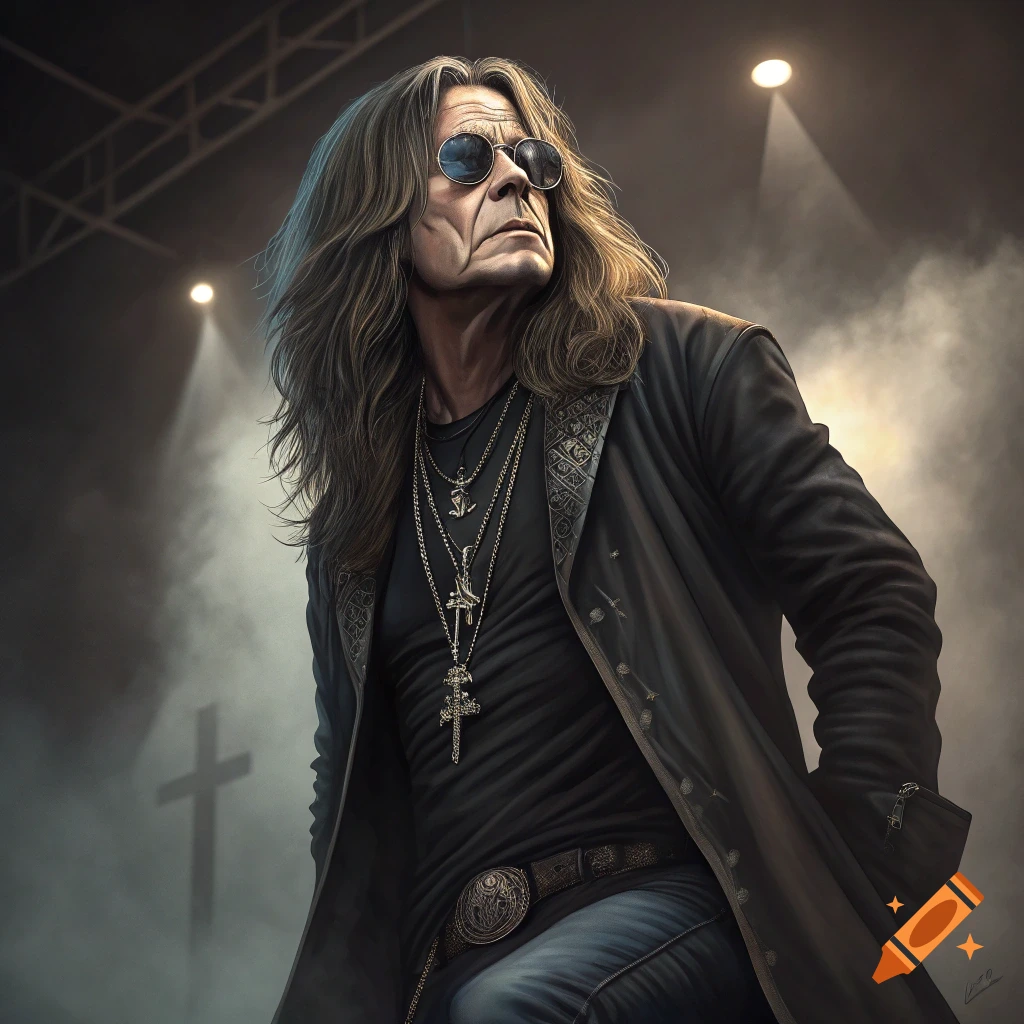 Likeness of a rock star with long hair, sunglasses, and a dark coat on a stage with dramatic lighting and smoke.