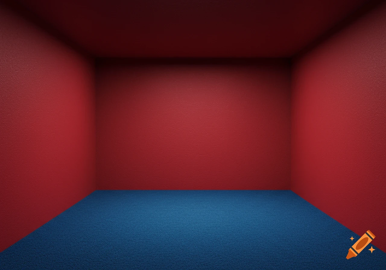 An empty room with red walls and blue carpet.