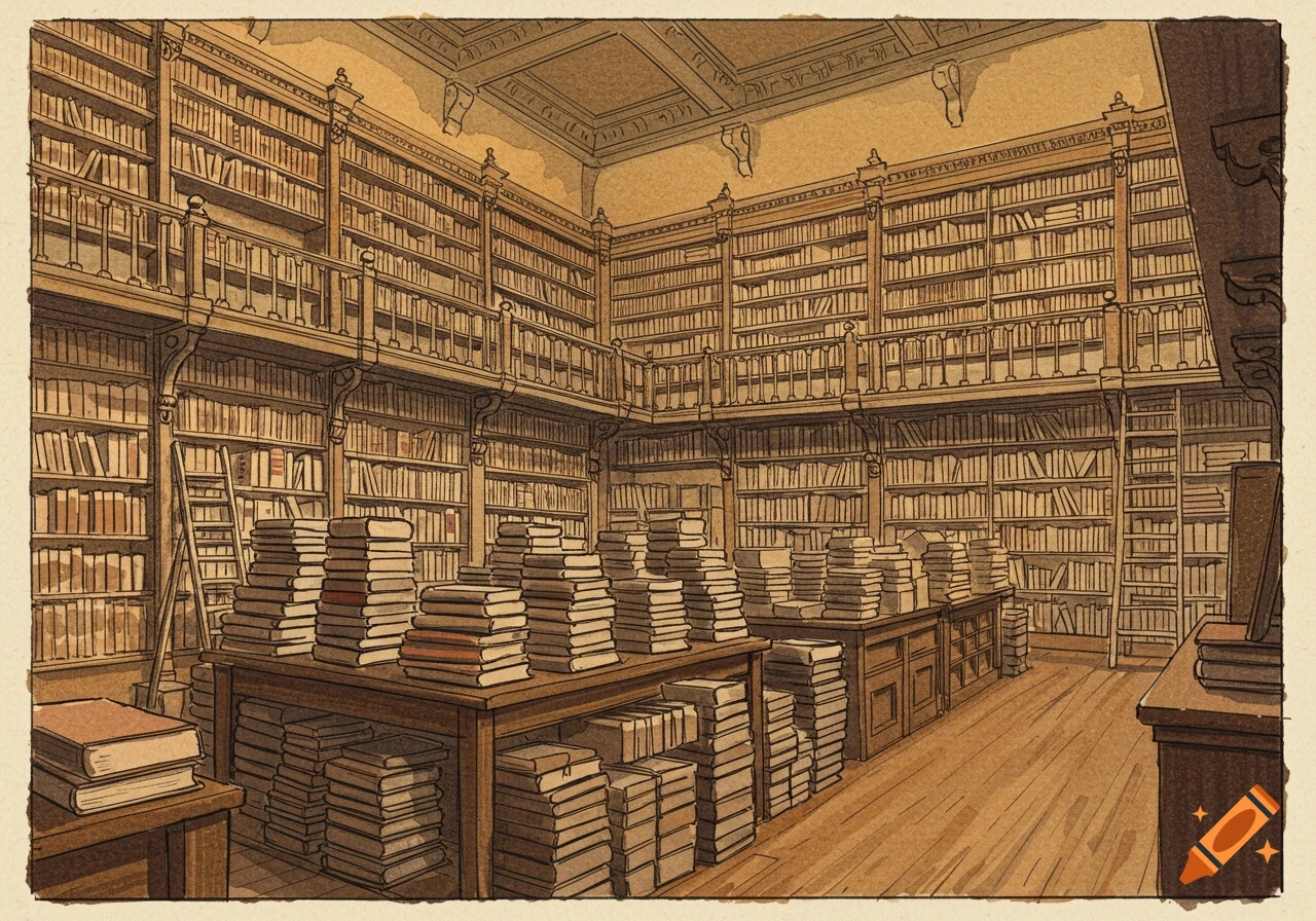 An old library interior with tall bookshelves, tables piled with books, and a ladder, in watercolor and pencil illustration style.