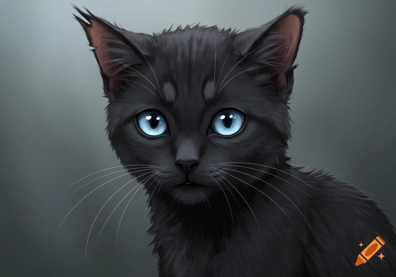 Close-up of a black cat with piercing blue eyes.