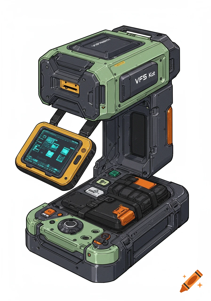 A complex green, grey, and orange sci-fi device.