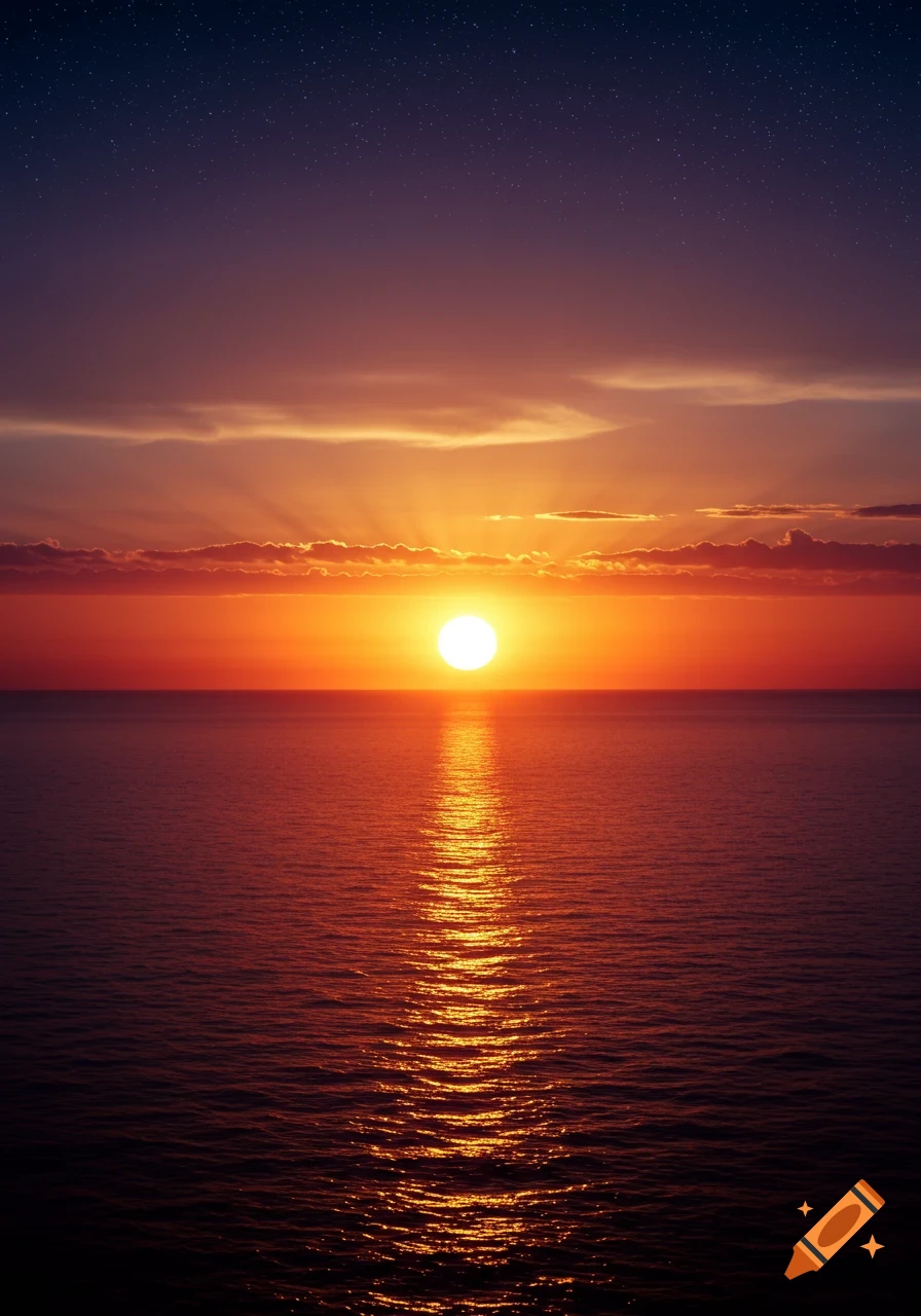 Photographic sunset over the ocean with sun reflection, clouds, and stars visible in the twilight sky.