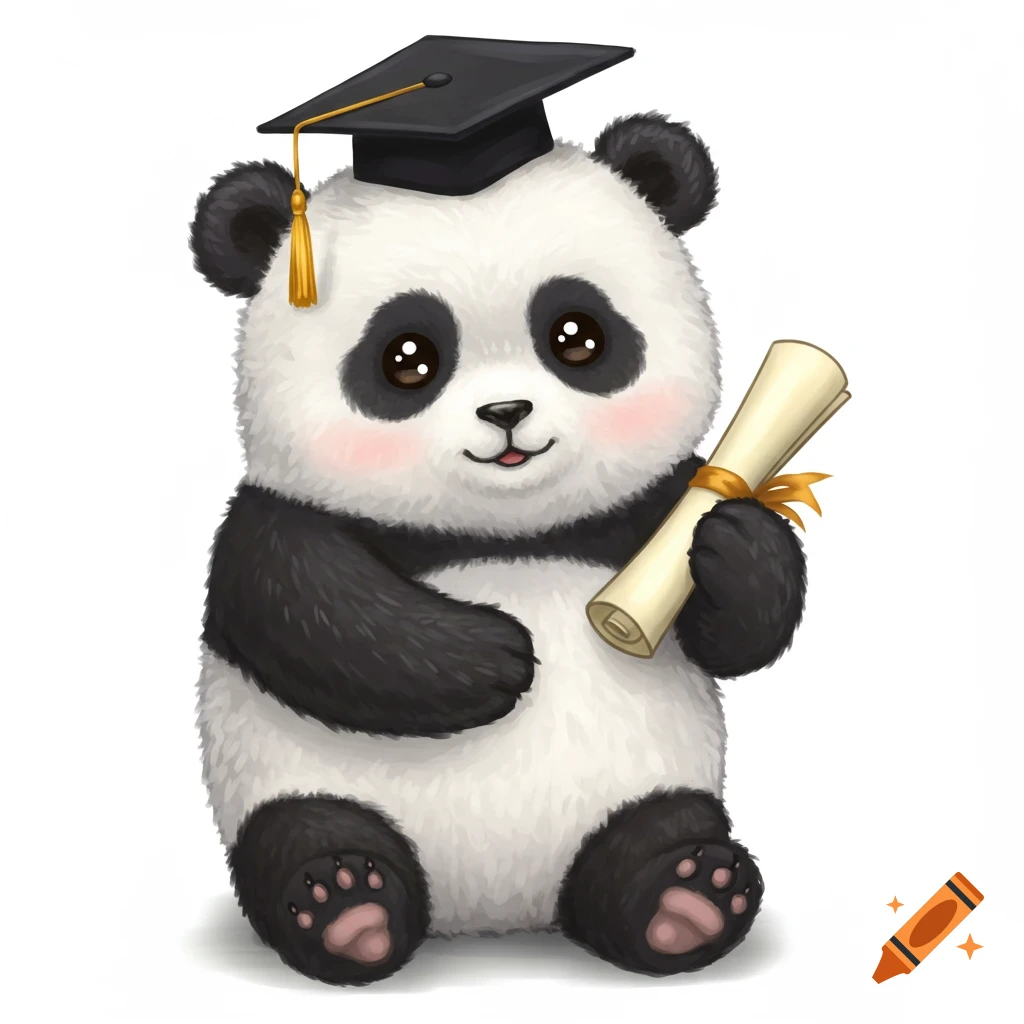 Cute illustration of a panda wearing a graduation cap and holding a diploma.
