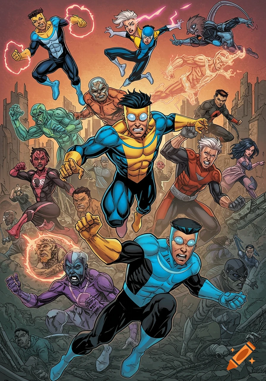A comic book style illustration of a large group of diverse superheroes flying and fighting in a ruined city.
