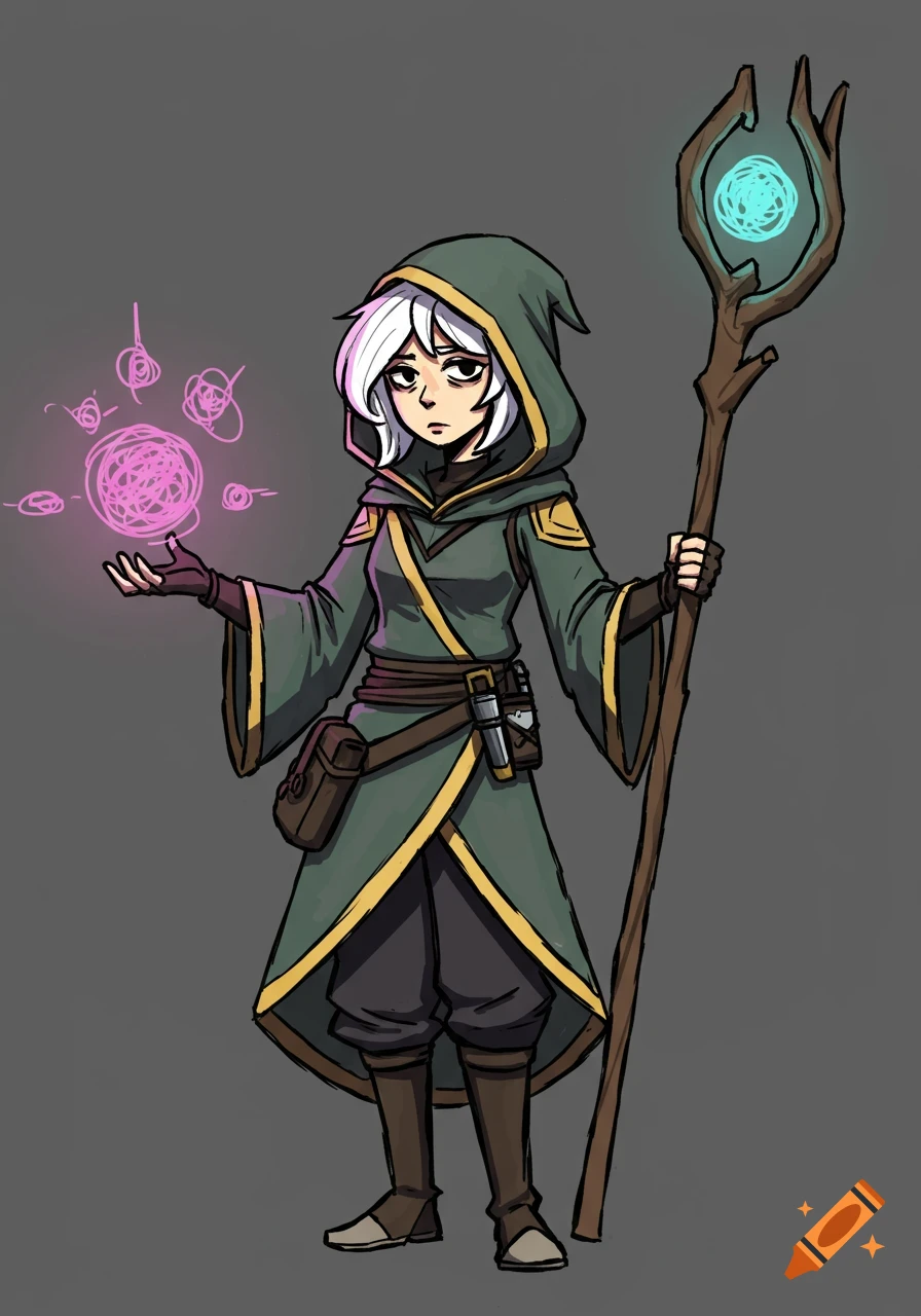 Hand-drawn fantasy character in hooded robe casting a pink spell, holding a staff.