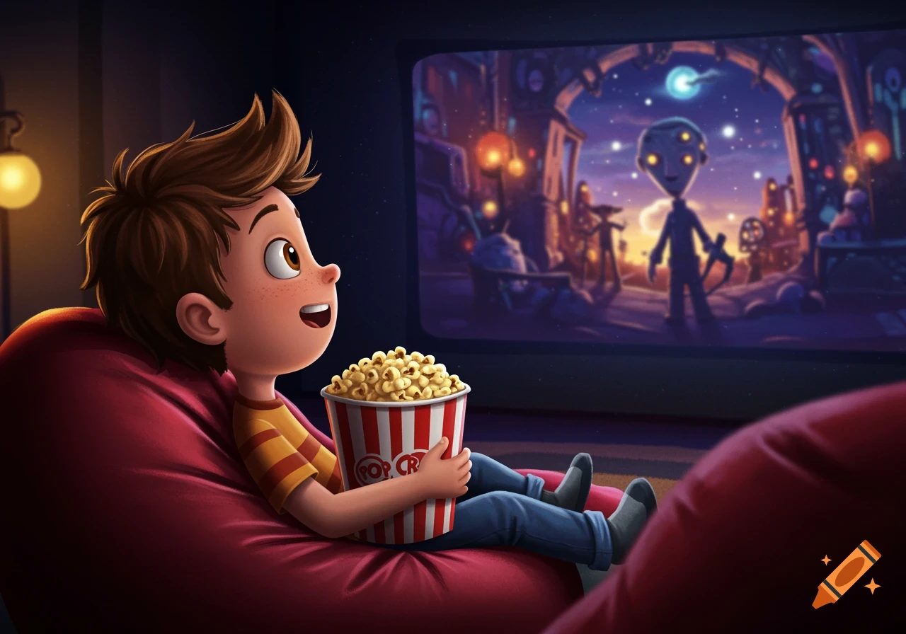 Cartoon boy watching movie on beanbag chair with popcorn, digital art.