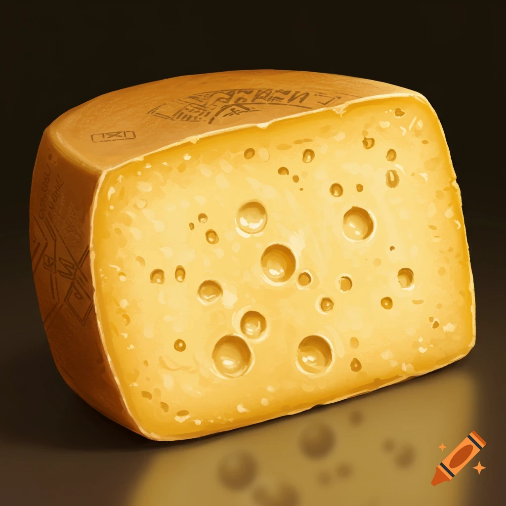 A block of yellow cheese with holes
