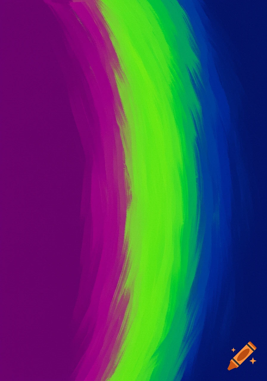 Abstract with a curved band of vertical brushstrokes in purple, magenta, lime green, green, and blue.
