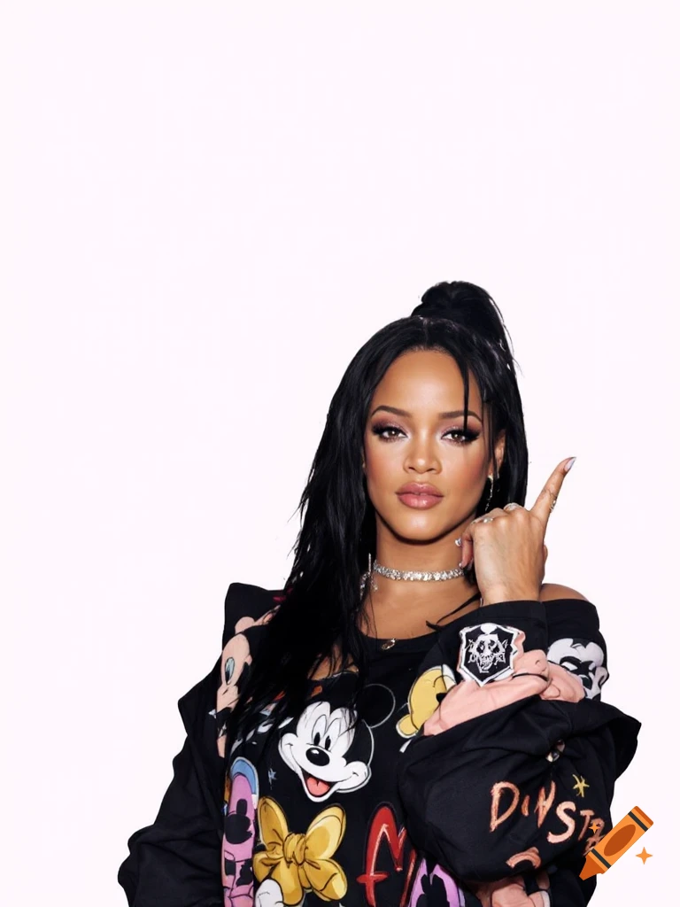 Rihanna poses in a black off-the-shoulder shirt with Disney characters and text, pointing up.