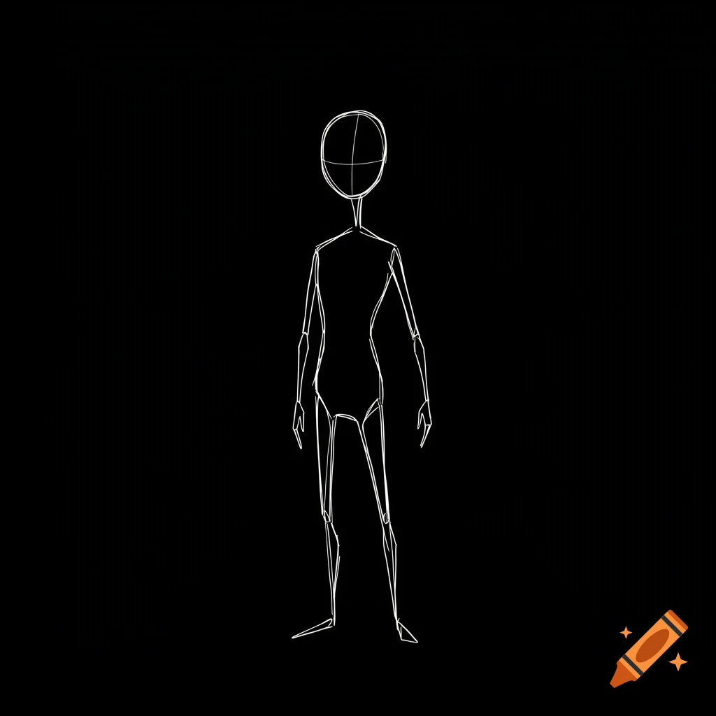 White line sketch of a standing human figure against a black background.