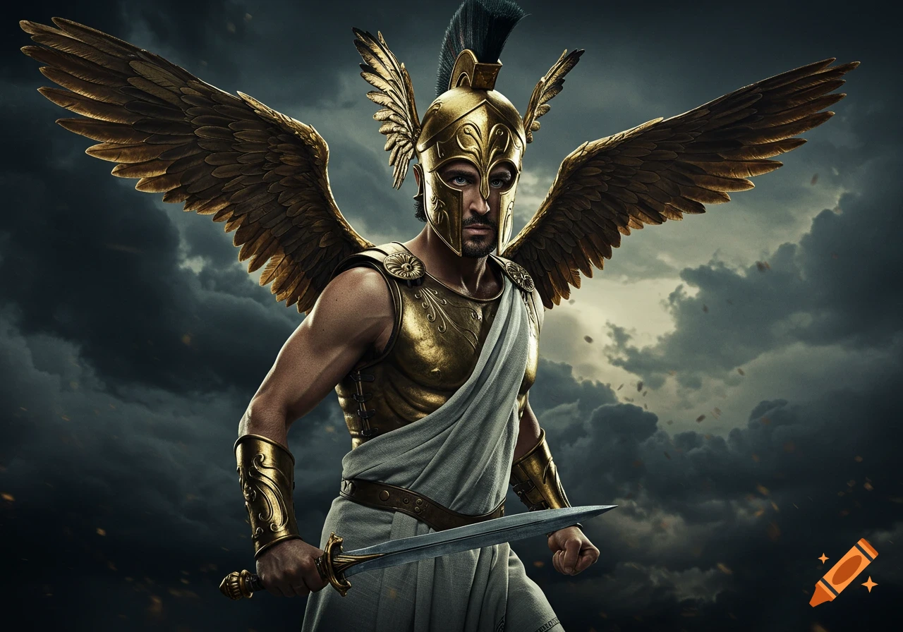 A man in golden armor and helmet with large wings holds a sword against a dramatic stormy sky, photorealistic style.