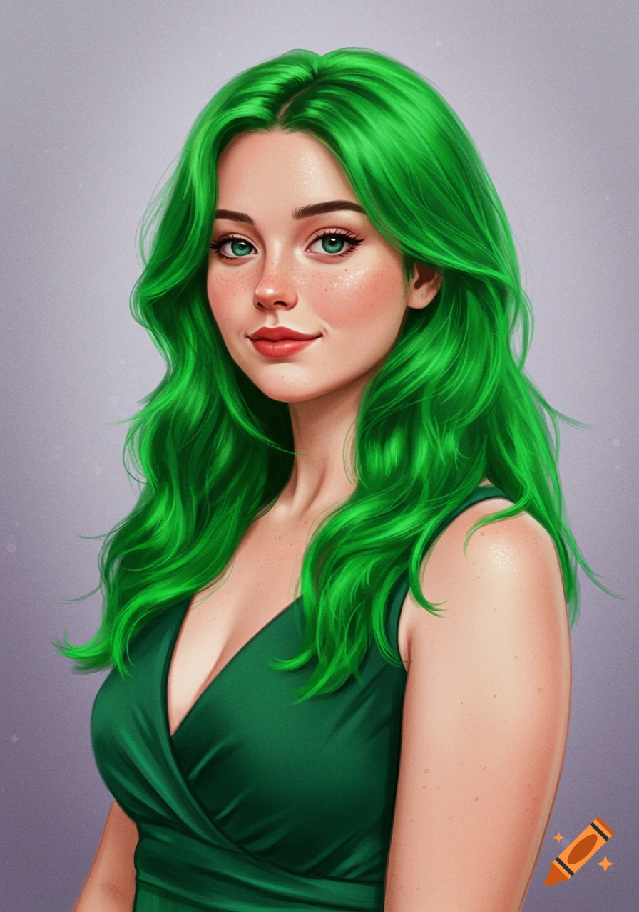 A woman with long bright green hair and a green dress