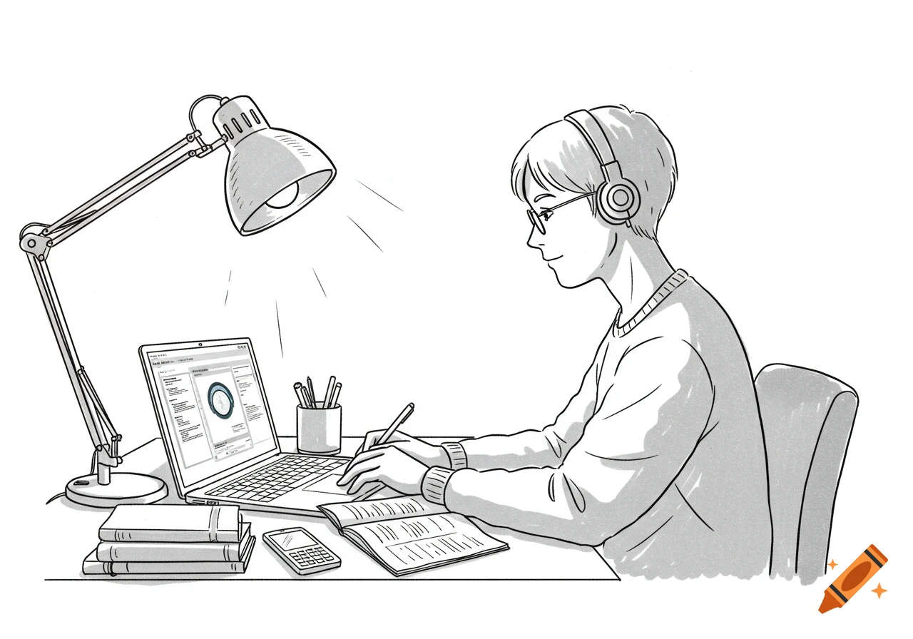 Black and white line drawing of a student wearing headphones and glasses, studying at a desk with a laptop, lamp, books, and calculator.