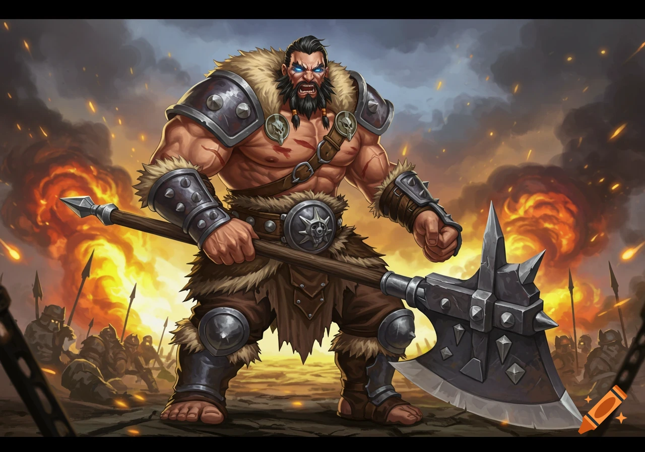 Illustration of a strong barbarian holding an axe in a battle scene with fire and soldiers in the background.