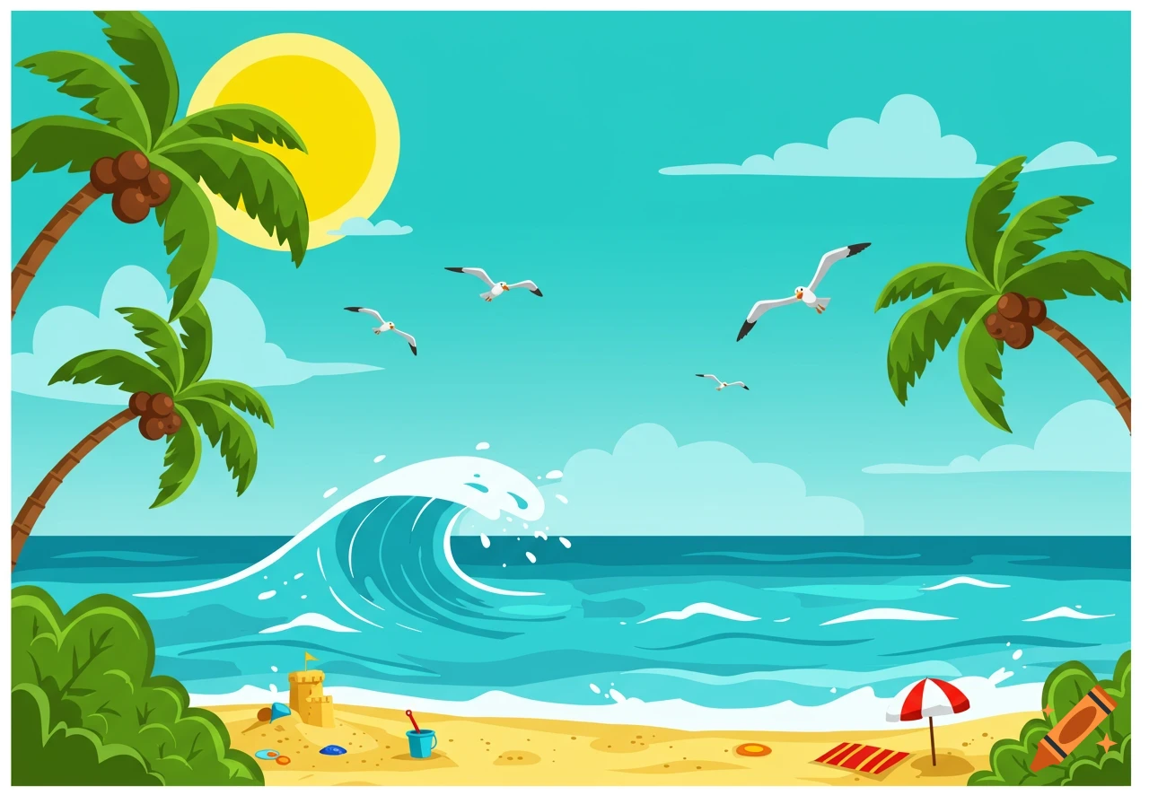 A vibrant cartoon shows a sandy beach with palm trees, a large wave crashing onto the shore, and seagulls flying under a bright yellow sun.