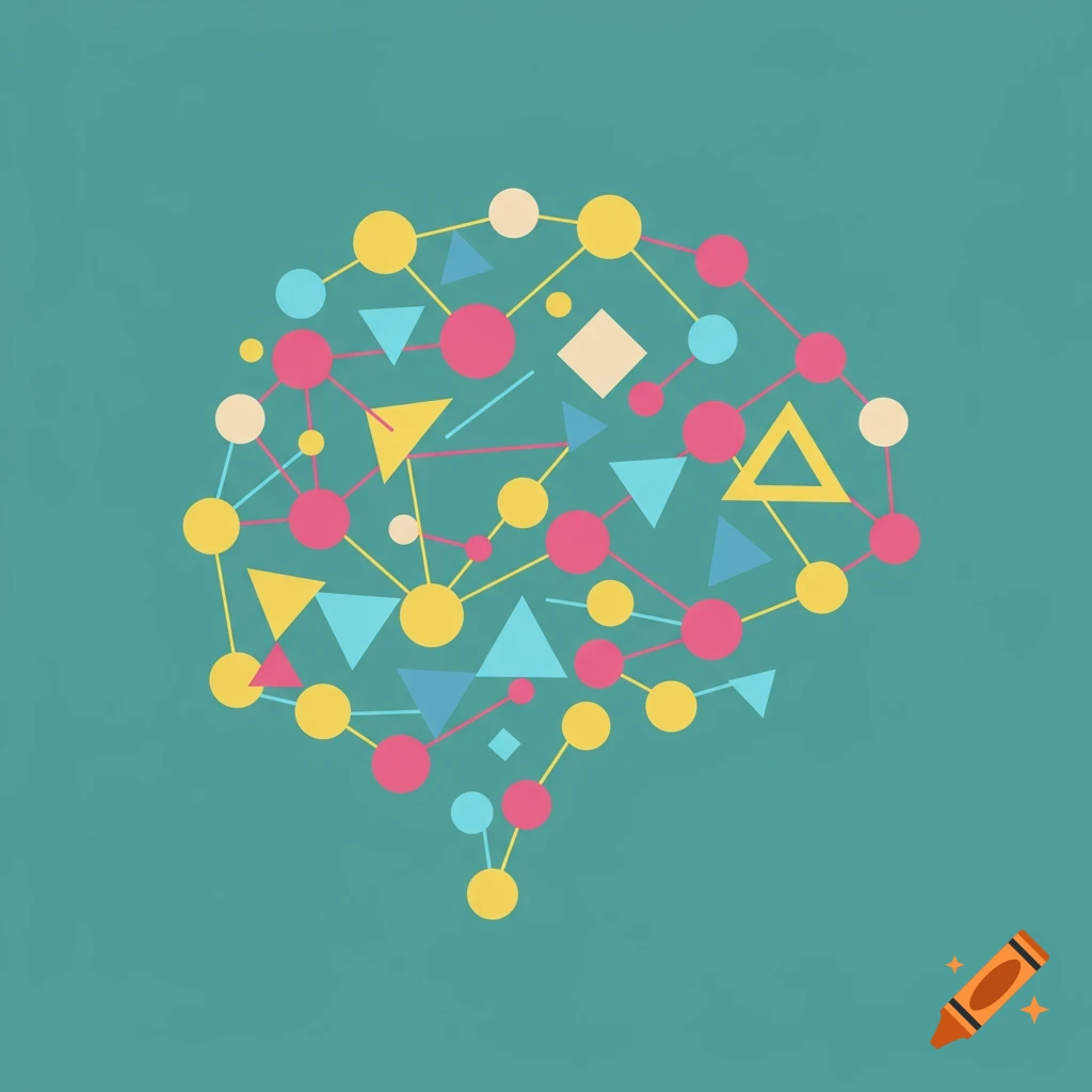 Abstract representation of a brain made of interconnected colorful geometric shapes and lines on a teal background.