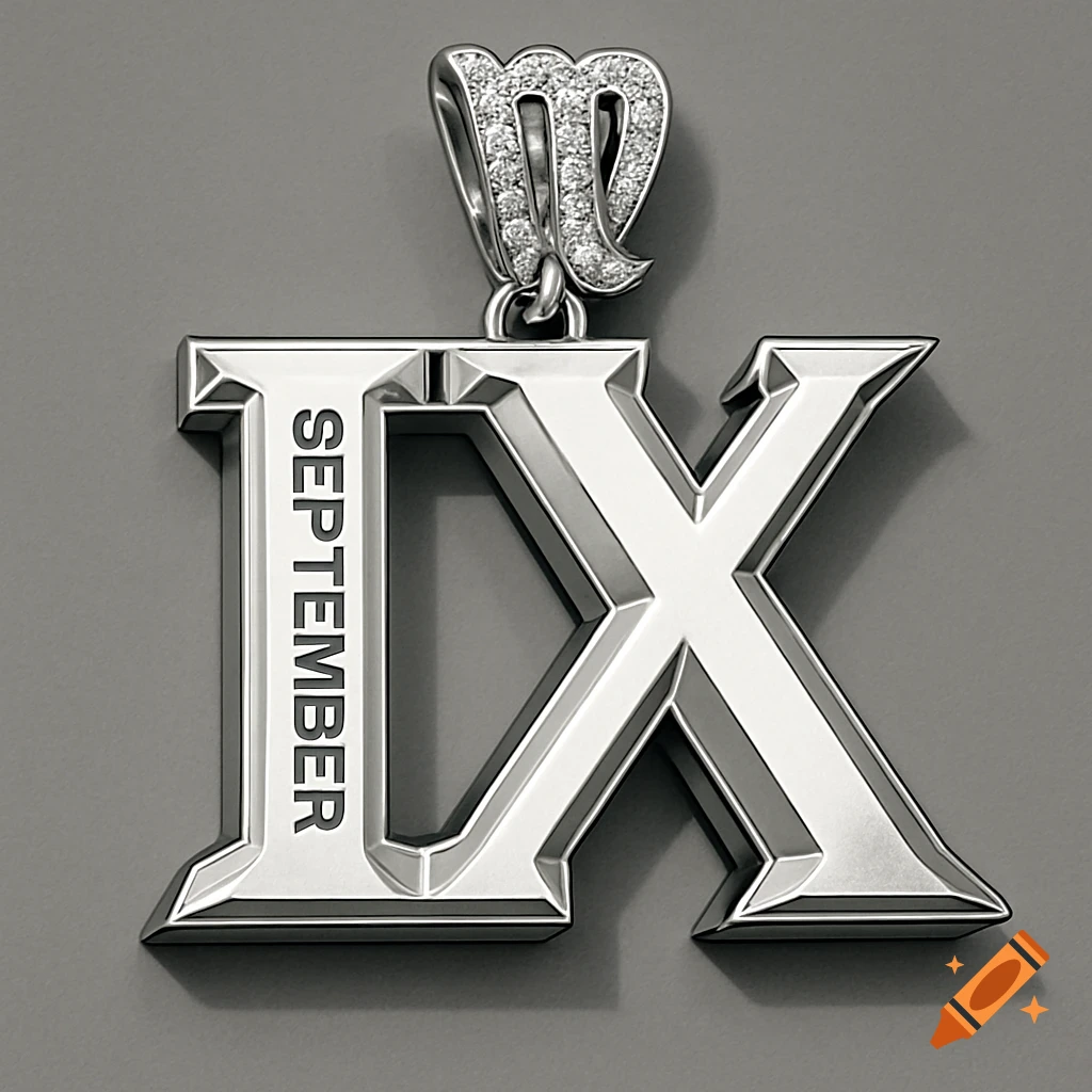 A silver pendant shaped like the Roman numeral IX with 'SEPTEMBER' engraved vertically on the I and a diamond-studded Virgo zodiac symbol bail.