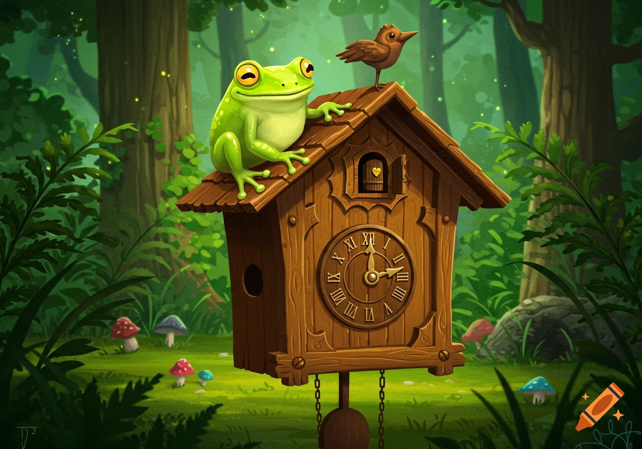 Cartoon illustration of a green frog and a small brown bird sitting on a cuckoo clock in a forest setting with glowing fireflies.