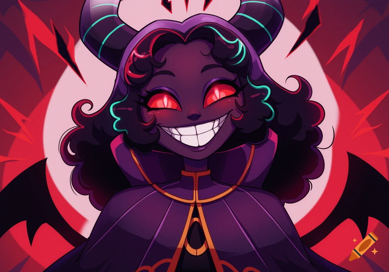 A cartoon illustration of a smiling demonic character with horns and red eyes.