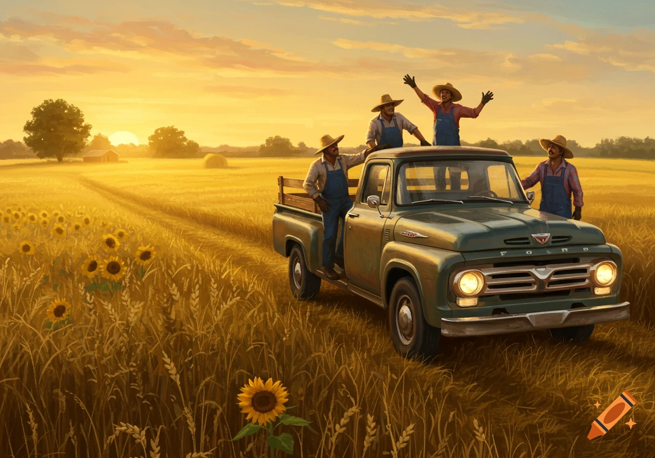 Farmers on a vintage truck in a sunlit field with sunflowers.