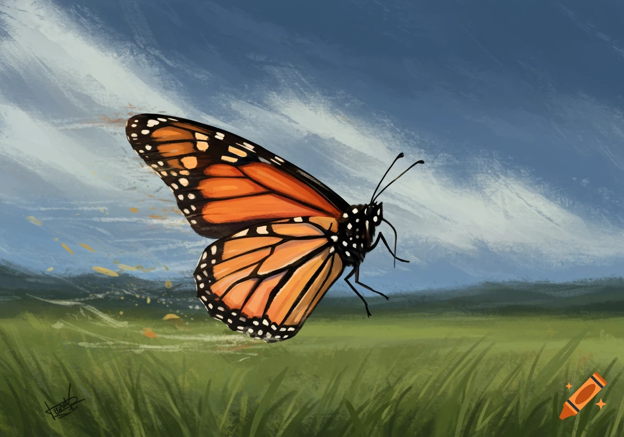 Monarch butterfly struggling in the wind over a grassy field.