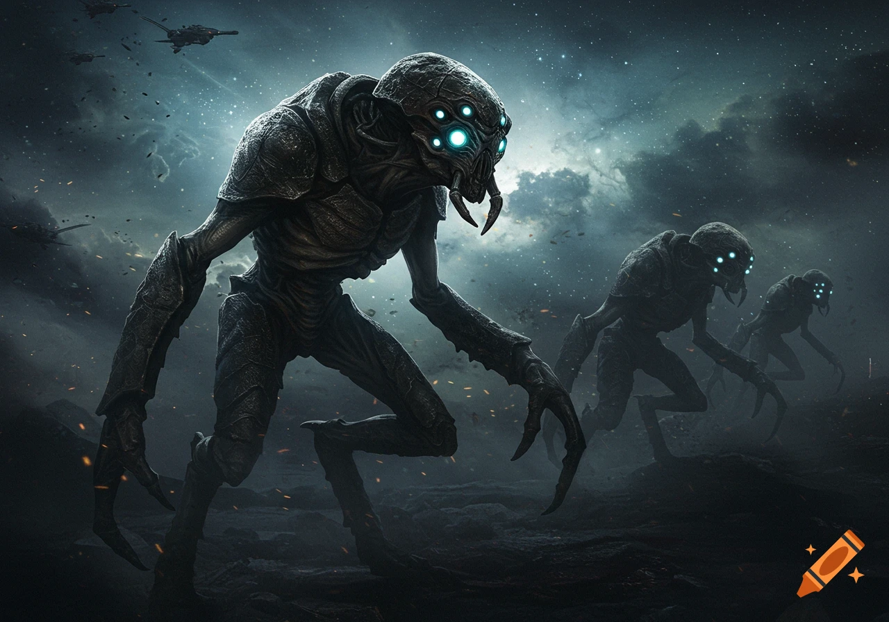 Photorealistic image of dark, insectoid aliens with glowing eyes on a rocky battlefield under a stormy, star-filled sky with spaceships.