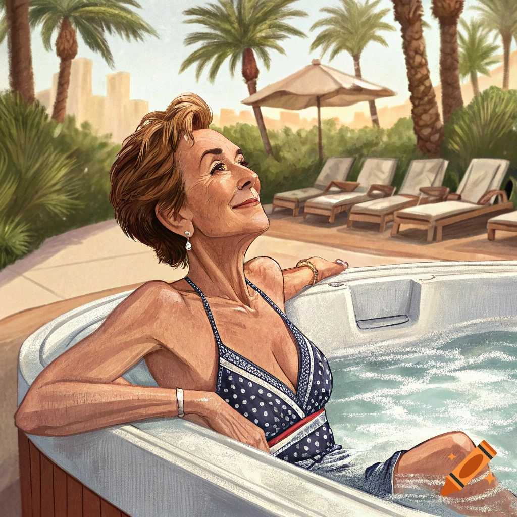 Illustration of a woman resembling Judge Judy relaxing in a hot tub at a resort with palm trees in the background