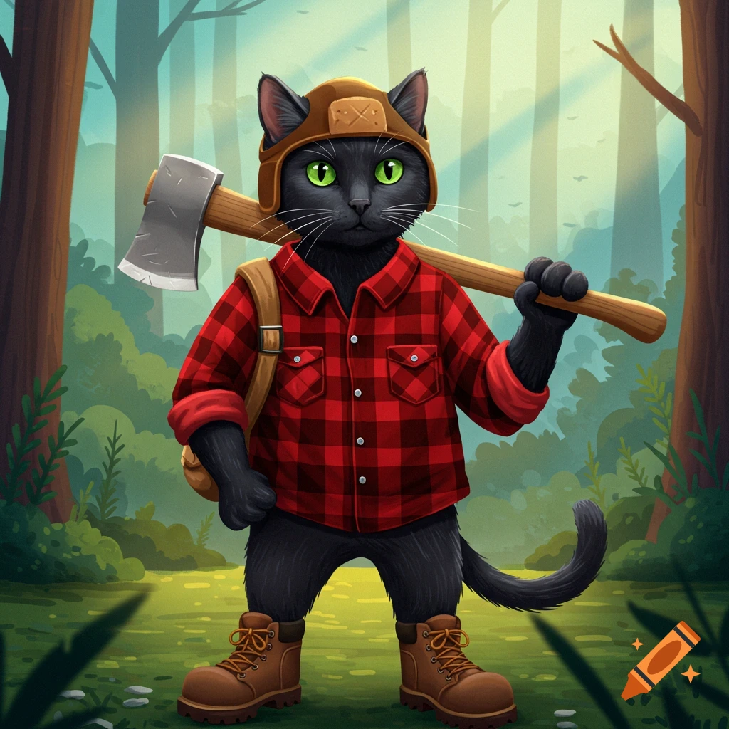 A black cat dressed as a lumberjack holds an axe in a forest. Digital illustration.