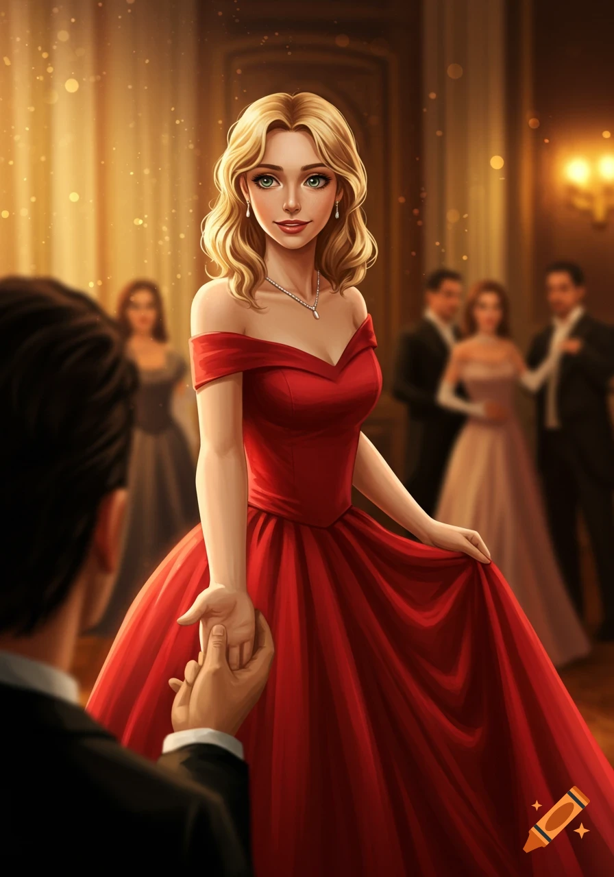 A woman in a red dress reaches for a man's hand at a formal event.