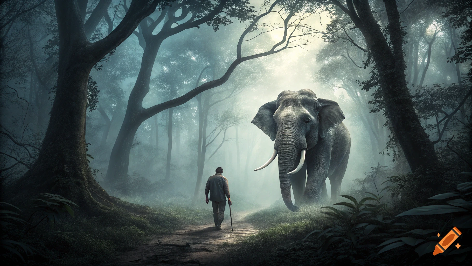 A lone person walks toward a large elephant on a foggy forest path.