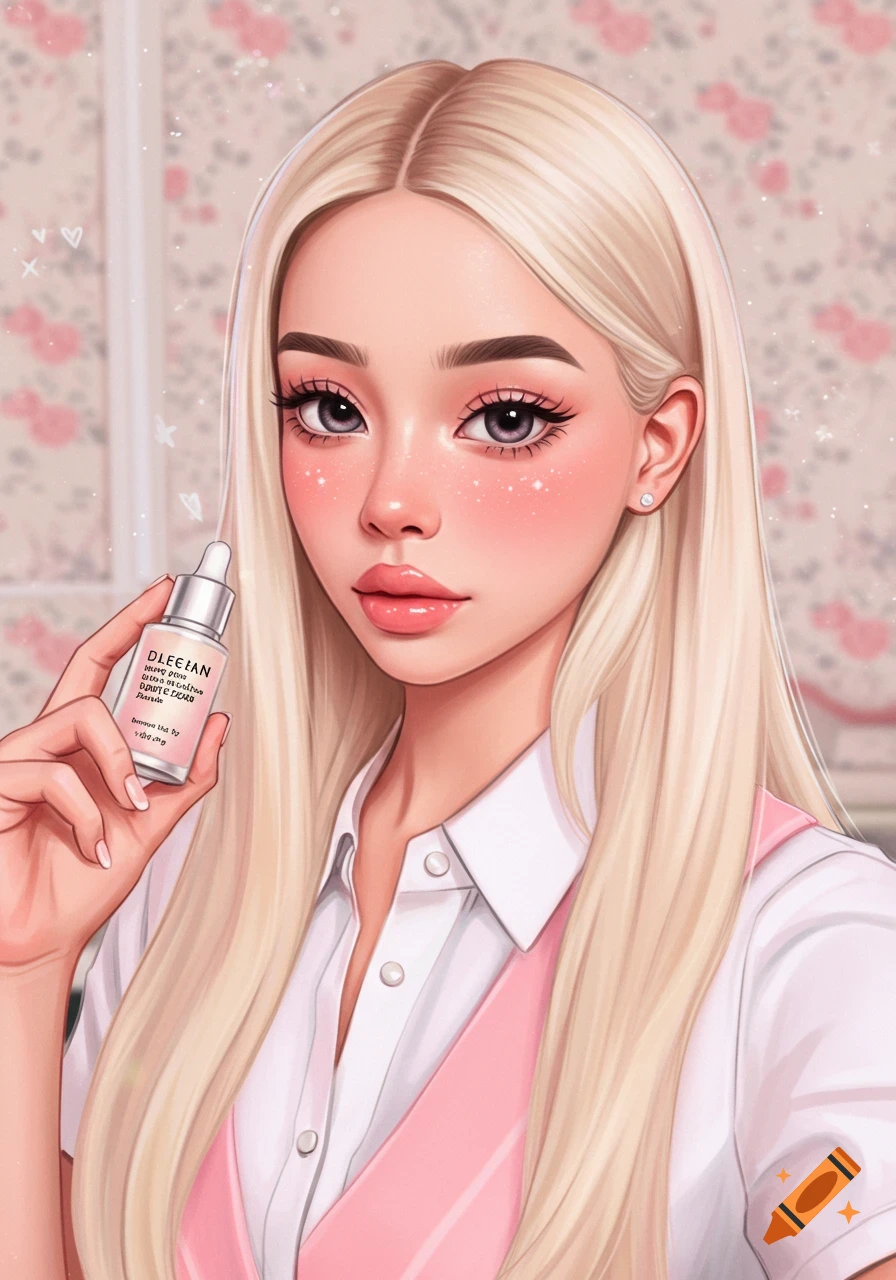 Digital illustration of a blonde woman holding a skincare bottle.